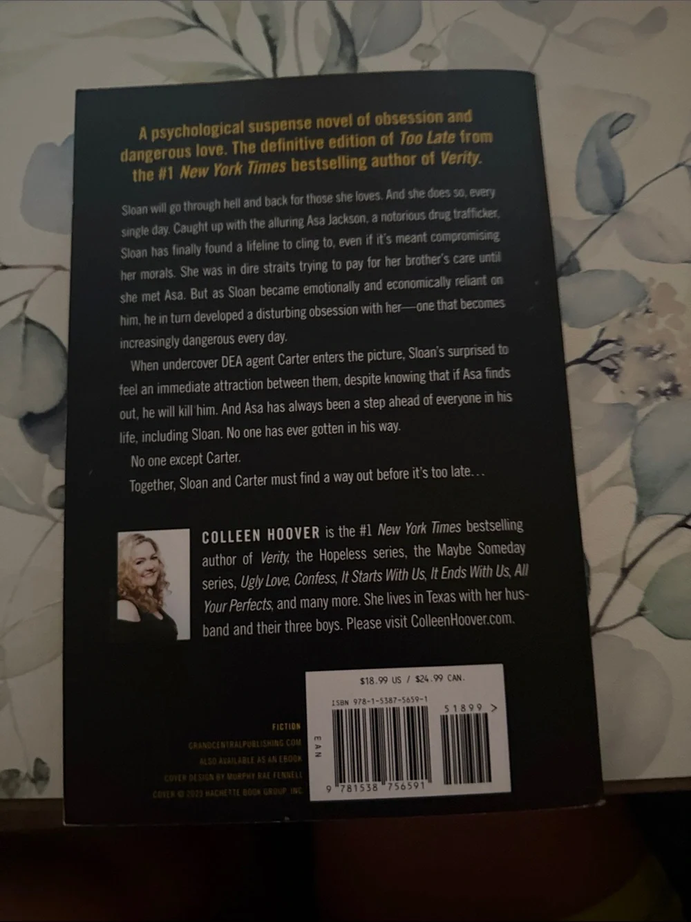 Too Late by Colleen Hoover – Black and Yellow Hardcover Novel